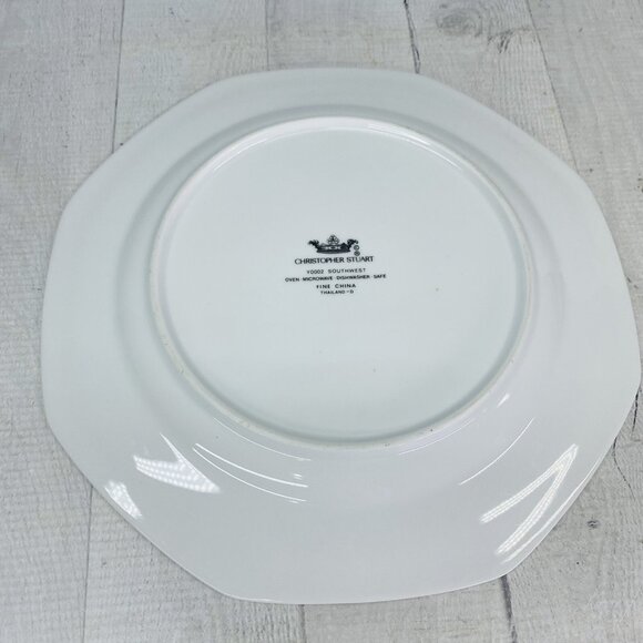 Christopher Stuart SOUTHWEST Green Blue Coral Rim White China Dinner Plate Set 4 - Picture 9 of 16